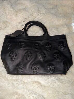 Skull-Embossed Black Leather Hobo Bag - Unbranded